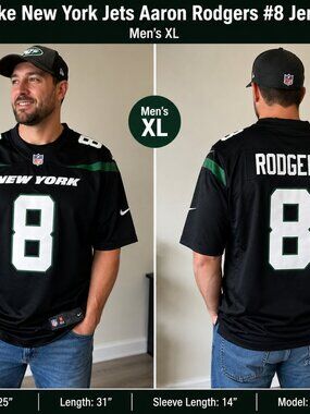 Nike Aaron Rodgers #8 New York Jets Black NFL Game Jersey Men's XL Authentic